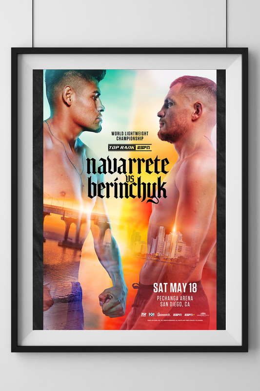 Official promotional poster of the Emanuel Navarrete vs. Denys Berinchyk boxing event, featuring both fighters in a face-off with event details and scenic background.