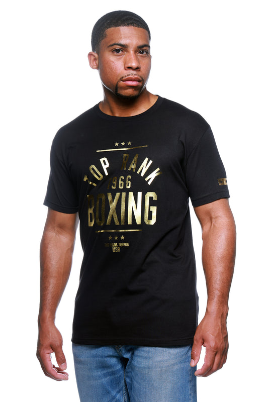Gold Foil Top Rank Logo T-Shirt with gold logo and stars on the left sleeve.