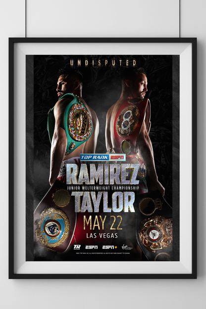 Official promotional poster of the Jose Ramirez vs. Josh Taylor boxing event, featuring both fighters in a face-off with event details and a dramatic background.