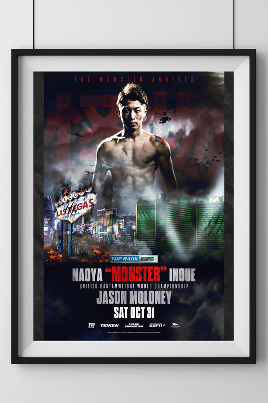 Official promotional poster of the Naoya Inoue vs. Jason Moloney boxing event, featuring Naoya Inoue with a dramatic Las Vegas backdrop and event details.