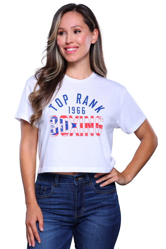 Puerto Rico Pride Crop T-Shirt by Top Rank Boxing, featuring the colors of the Puerto Rican flag and the Top Rank Boxing logo, displayed on a white background.