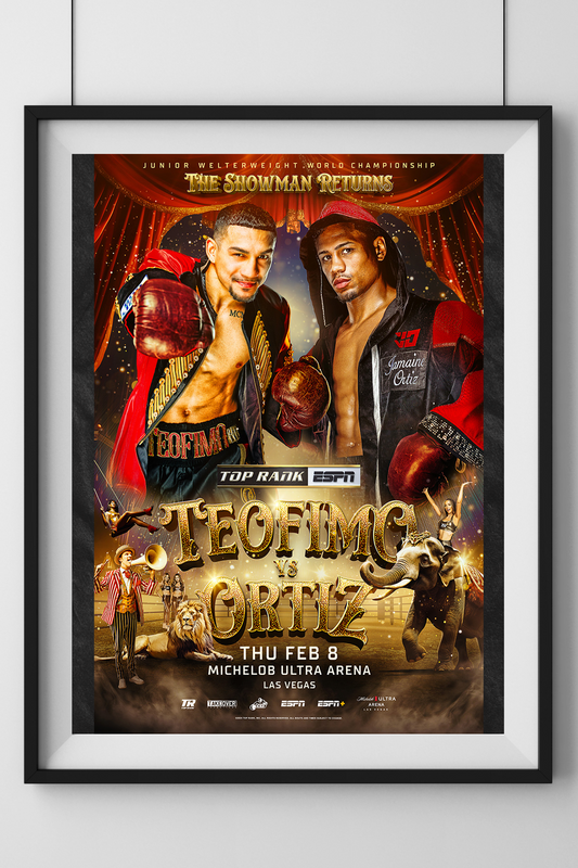 Official promotional poster of the Teofimo Lopez vs. Jamaine Ortiz boxing event, featuring both fighters in a circus-themed setting with event details and bold graphics.