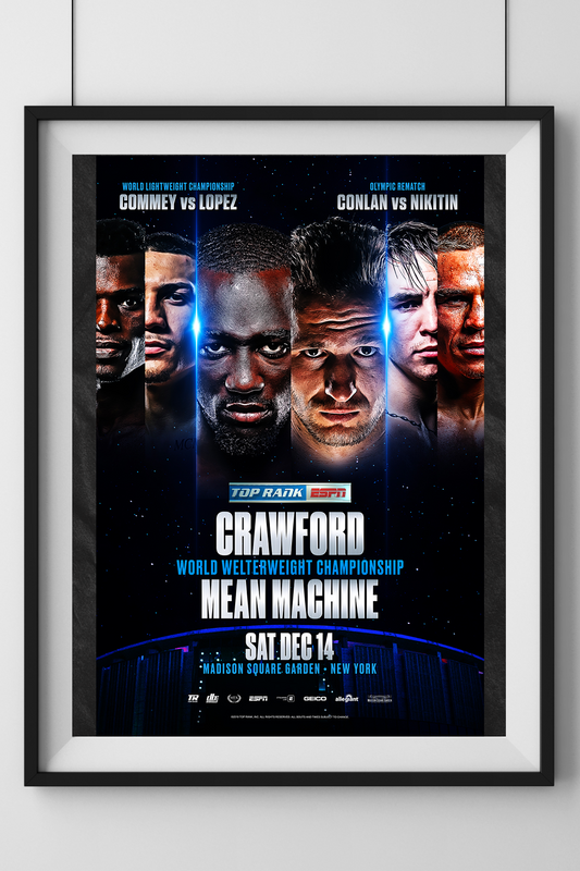 Official promotional poster of the Terence Crawford vs. Mean Machine (Egidijus Kavaliauskas) boxing event, featuring both fighters and other event participants with event details.