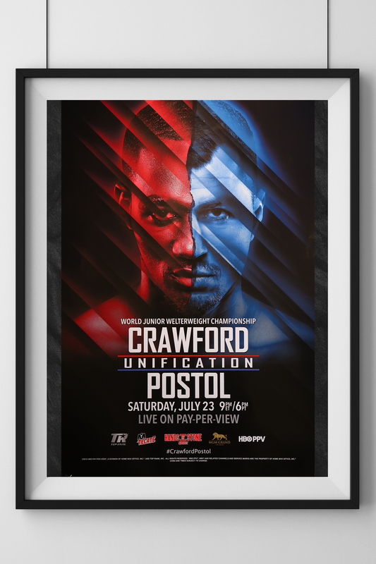 Official promotional poster of the Terence Crawford vs. Viktor Postol boxing event, featuring both fighters with split red and blue color schemes, event details, and dramatic background elements.