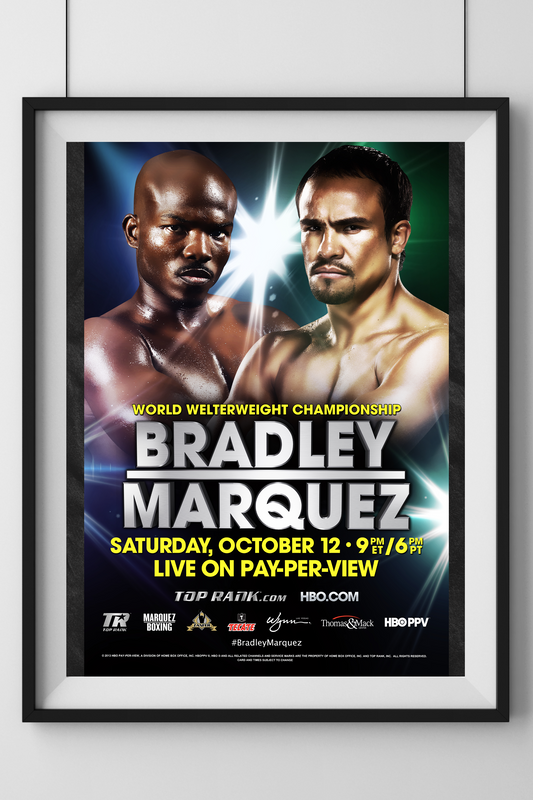 Official promotional poster of the Timothy Bradley vs. Juan Manuel Marquez boxing event, featuring both fighters in a face-off with event details and dramatic background elements.