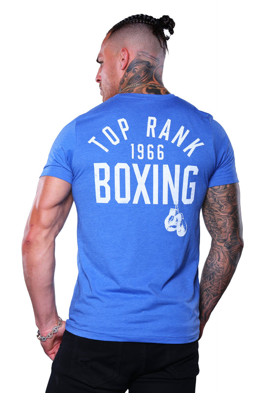 Top Rank Heather Royal T-Shirt featuring classic comfort and style. Back view.