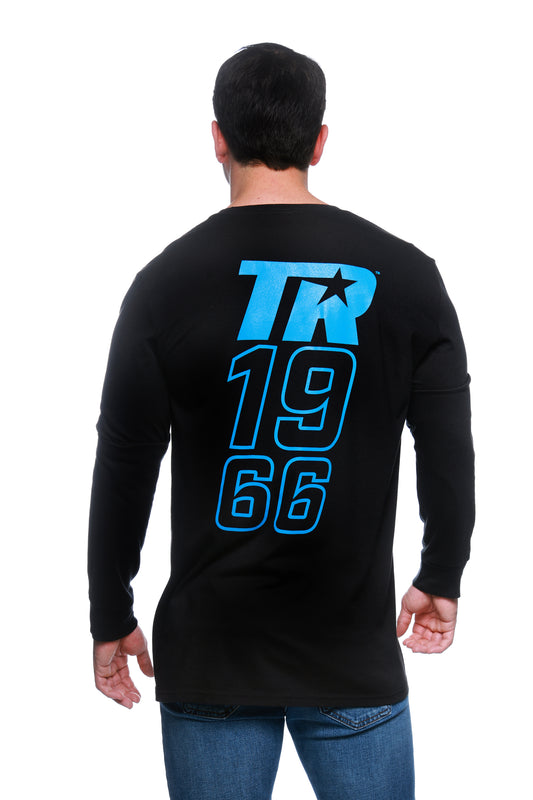 Top Rank Long Sleeve T-shirt featuring "1966" design on the back, worn by a male model.