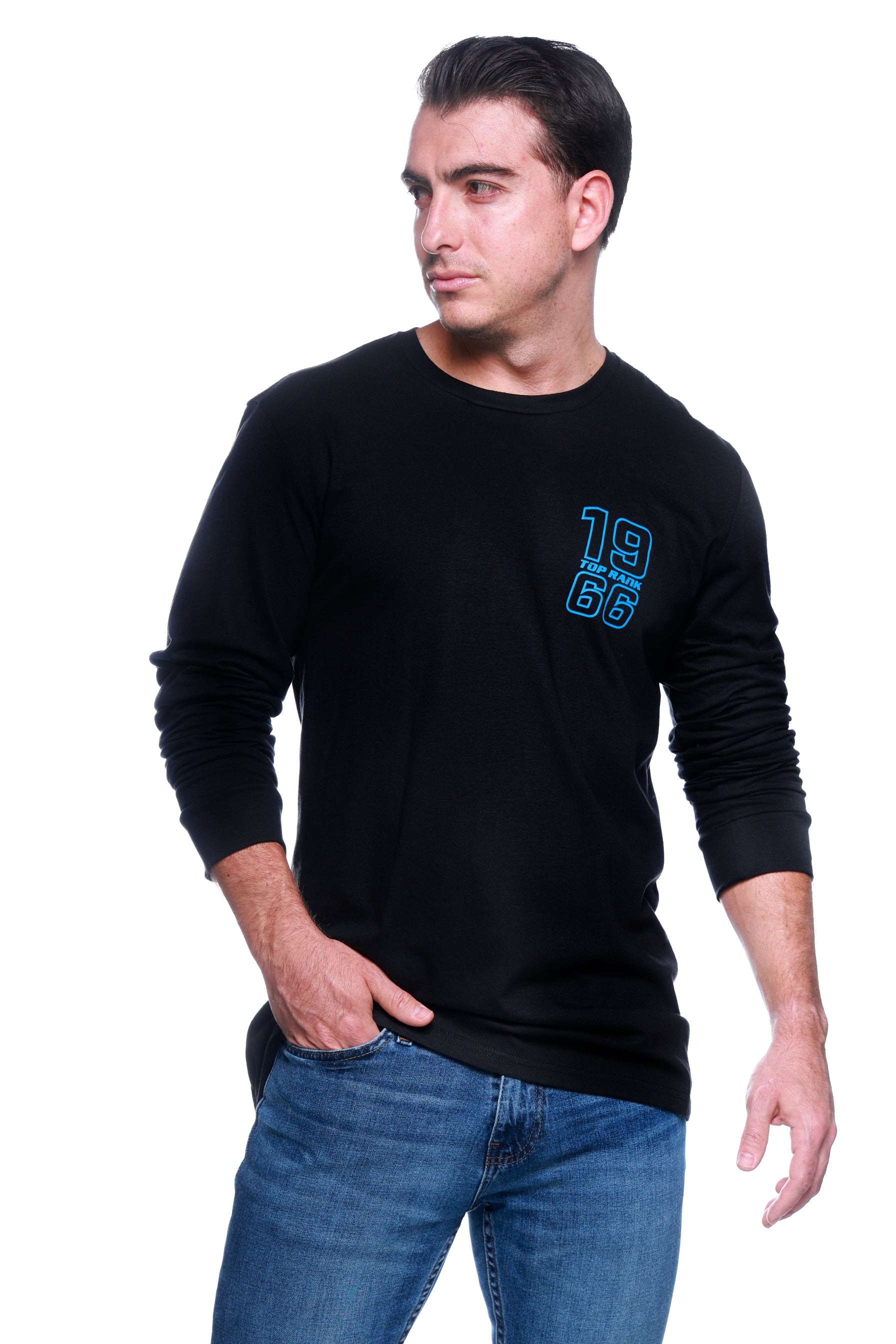 Top Rank Long Sleeve T-shirt featuring the TR logo on the left chest, worn by a male model.
