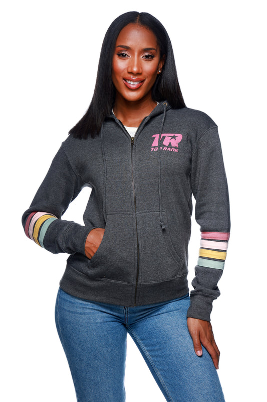 Top Rank Full Zip Women's Hoodie in black with white Top Rank logo, featuring a fitted design, drawstring hood, and front pockets.