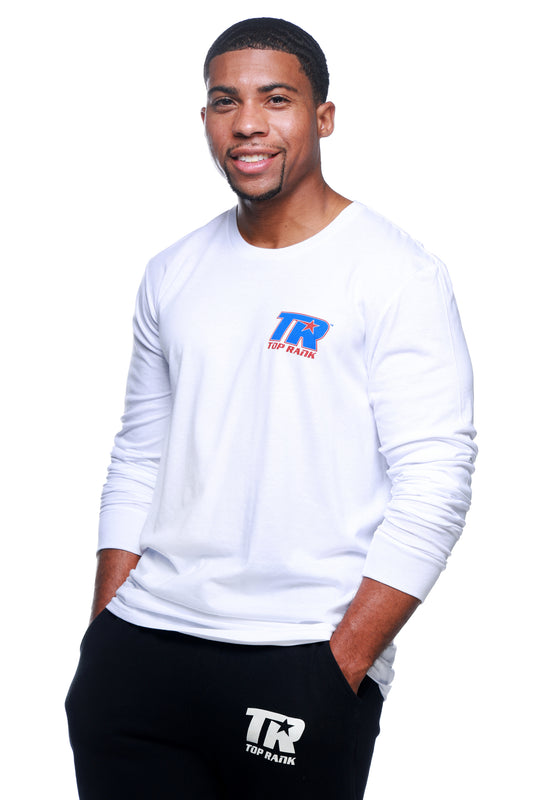 Top Rank Long Sleeve Tagline T-Shirt with Top Rank logo on the chest and 'This is Boxing, This is Top Rank' on the back.