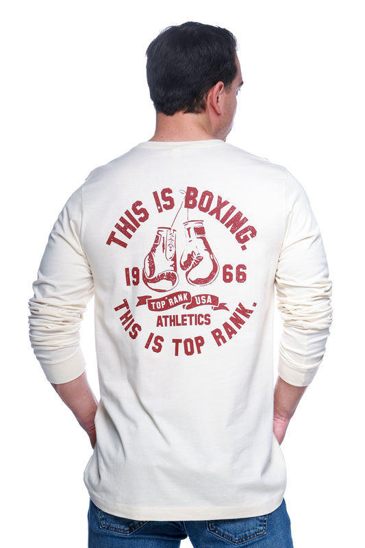 Top Rank Long Sleeve Vintage T-Shirt with Top Rank logo on the chest and 'This is Boxing, This is Top Rank' statement on the back.