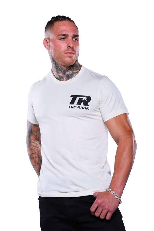 Top Rank Natural T-Shirt with black Top Rank logo on the front and back