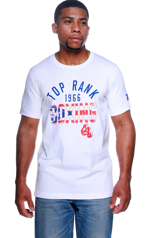 Top Rank Puerto Rican Heritage T-Shirt with Puerto Rican flag design and Top Rank logo on the sleeve