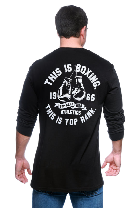 Back view of Top Rank Vintage Logo Long Sleeve T-Shirt in black with natural imprint, featuring "This Is Boxing, This Is Top Rank" design.