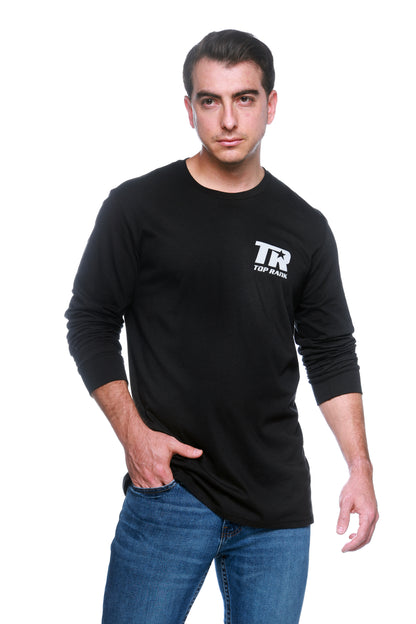 Front view of Top Rank Vintage Logo Long Sleeve T-Shirt in black with natural imprint, showcasing the TR logo on the left chest.