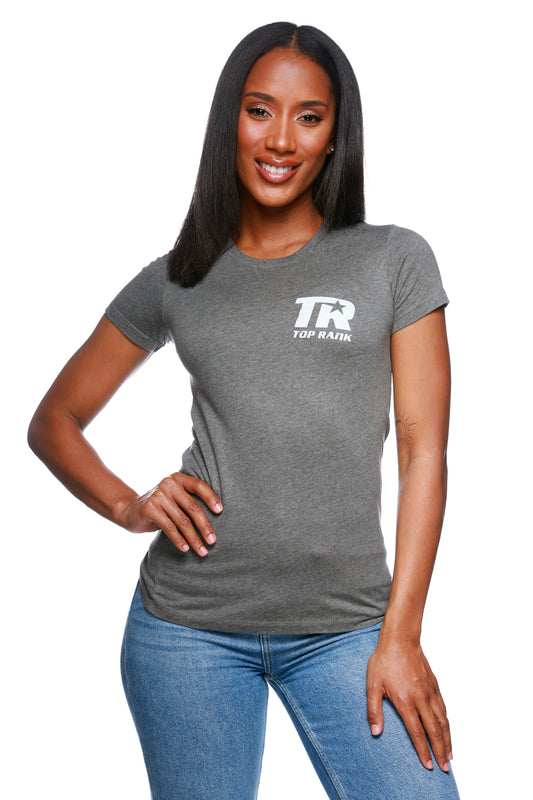 Woman wearing a deep heather-colored crew neck t-shirt with the Top Rank logo on the front and 'This is Boxing, This is Top Rank' on the back.