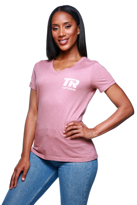 Top Rank Women's V-Neck T-Shirt in Mauve with the Top Rank logo on the front and 'This is Boxing, This is Top Rank' on the back.