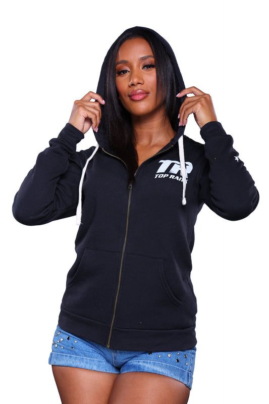 Person wearing a black full zip hoodie with "Top Rank" logo in white, paired with denim shorts.