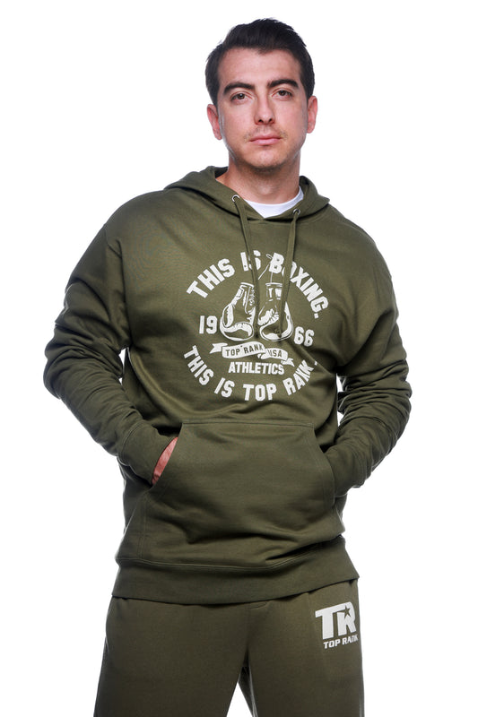 Vintage Top Rank Army Green Pullover Hoodie with Top Rank logo and 'This Is Boxing This Is Top Rank' statement.